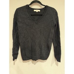 LOFT V-Neck Womens Size Medium Shimmer Black Cable Knit Sweater Holiday Wool BLE